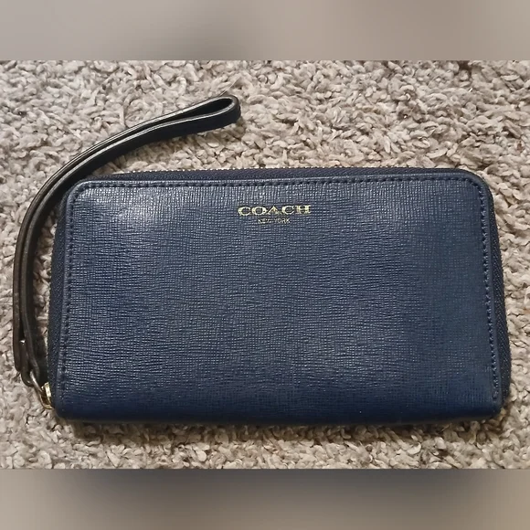 Coach Navy Blue Saffiano Leather Zip Around Wallet Wristlet | Gold Hardware - Picture 6 of 6